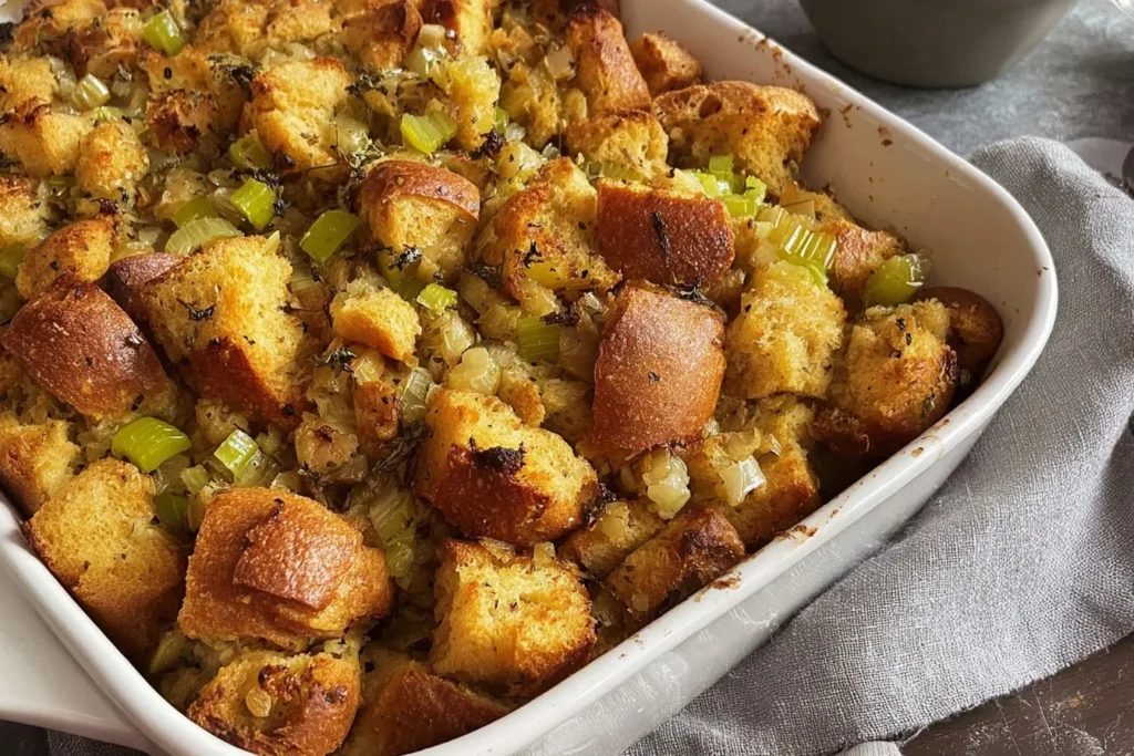 Delicious Thanksgiving oyster dressing served in a festive dish.
