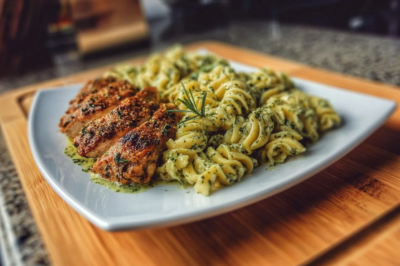 Creamy garlic parmesan chicken pasta served in a bowl with fresh herbs