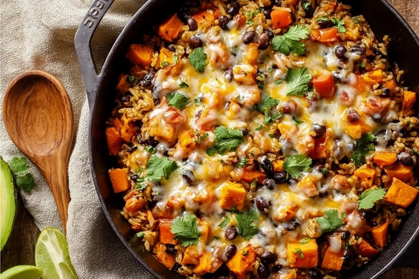 Southwest Sweet Potato and Black Bean Skillet dish in a pan.