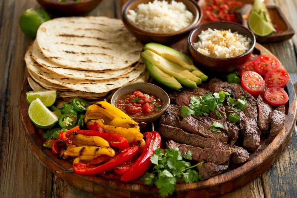 Delicious top fajita platter with grilled meats and fresh vegetables