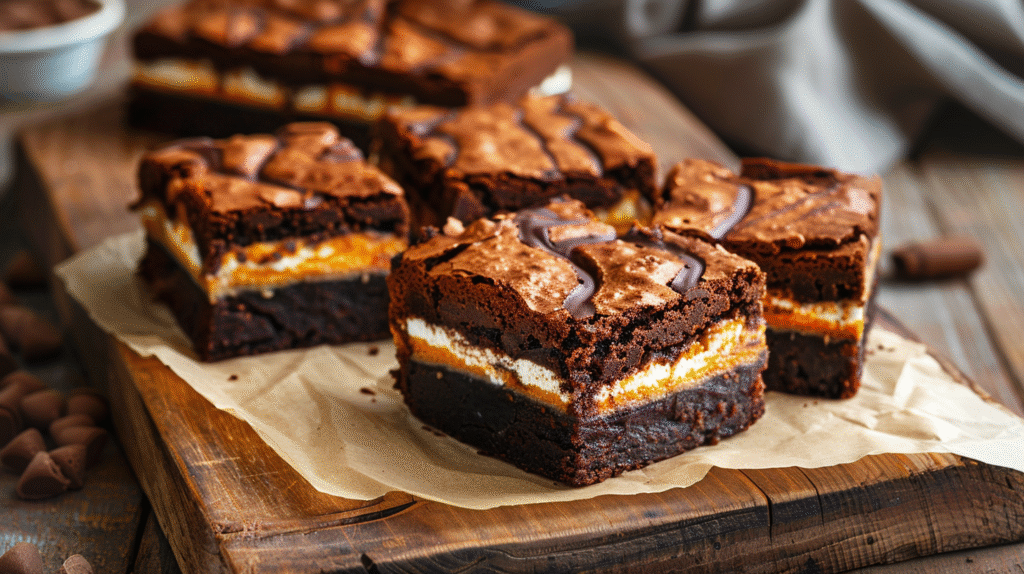 Triple Layered Pumpkin Brownies with creamy frosting and chocolate layers