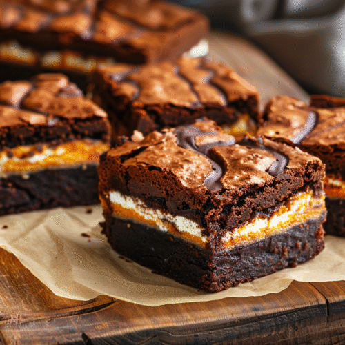 Triple Layered Pumpkin Brownies with creamy frosting and chocolate layers