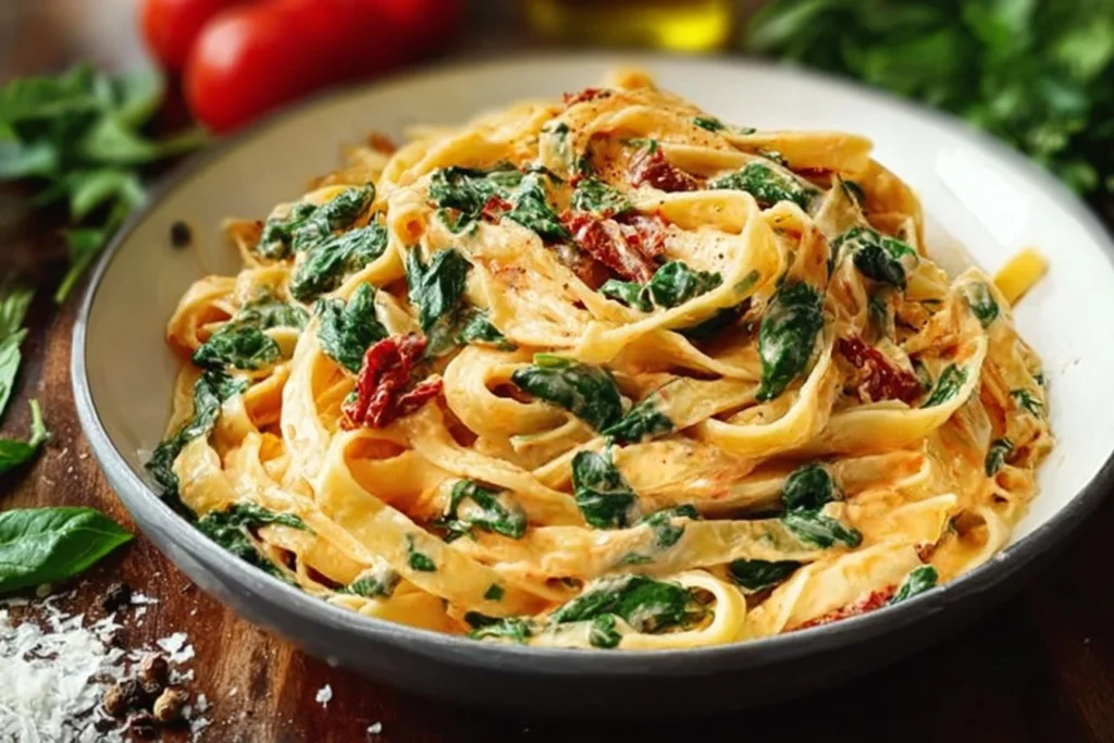 Vegan creamy sun dried tomato pasta served in a bowl with fresh basil and garlic.