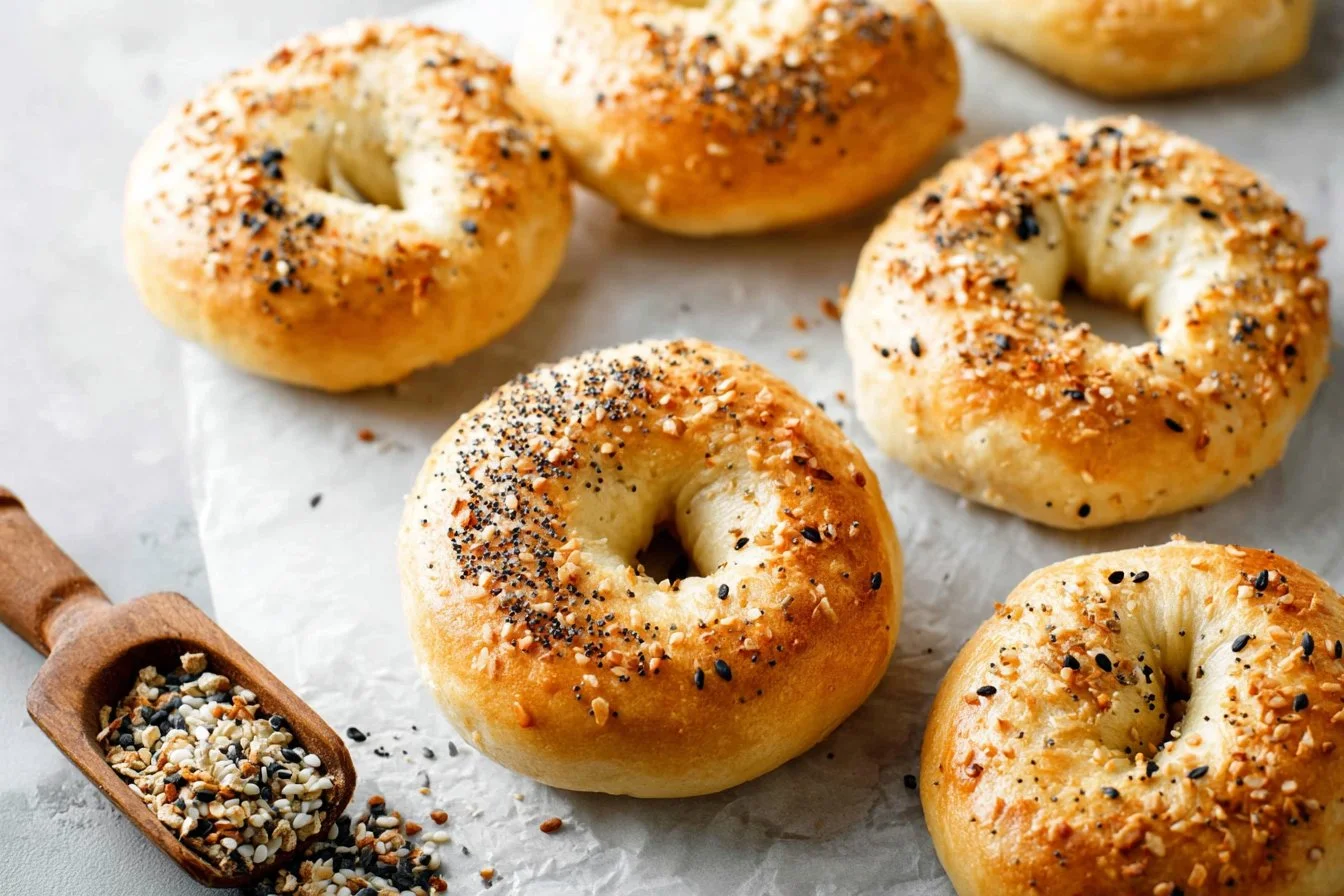 Freshly baked 3 ingredient air fryer bagels ready to serve