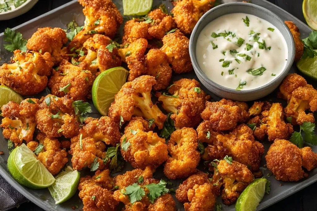 Air Fryer Buffalo Cauliflower pieces served on a plate with dipping sauce.