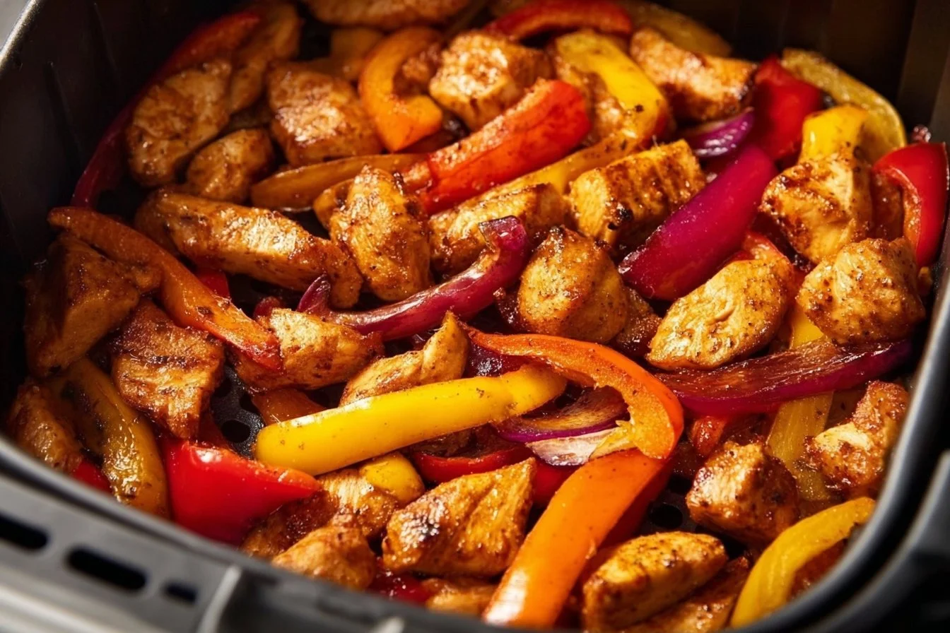 Delicious air fryer chicken fajitas with colorful bell peppers and onions