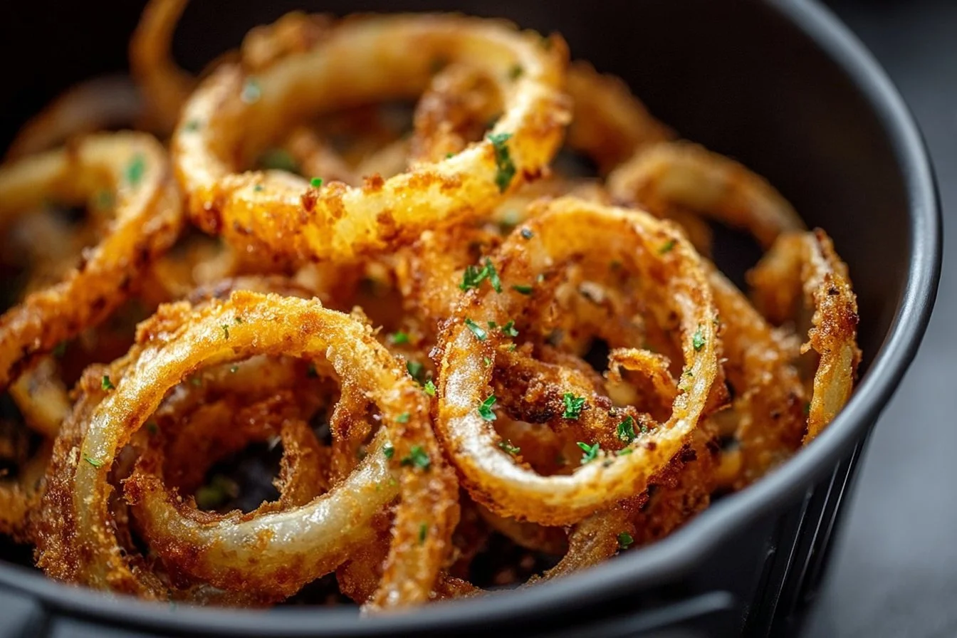 Delicious air fryer crispy onions topping for burgers and salads.