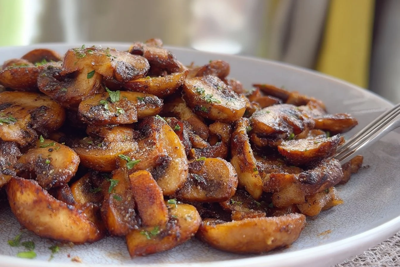 Crispy air fryer mushrooms served on a plate with herbs and spices.