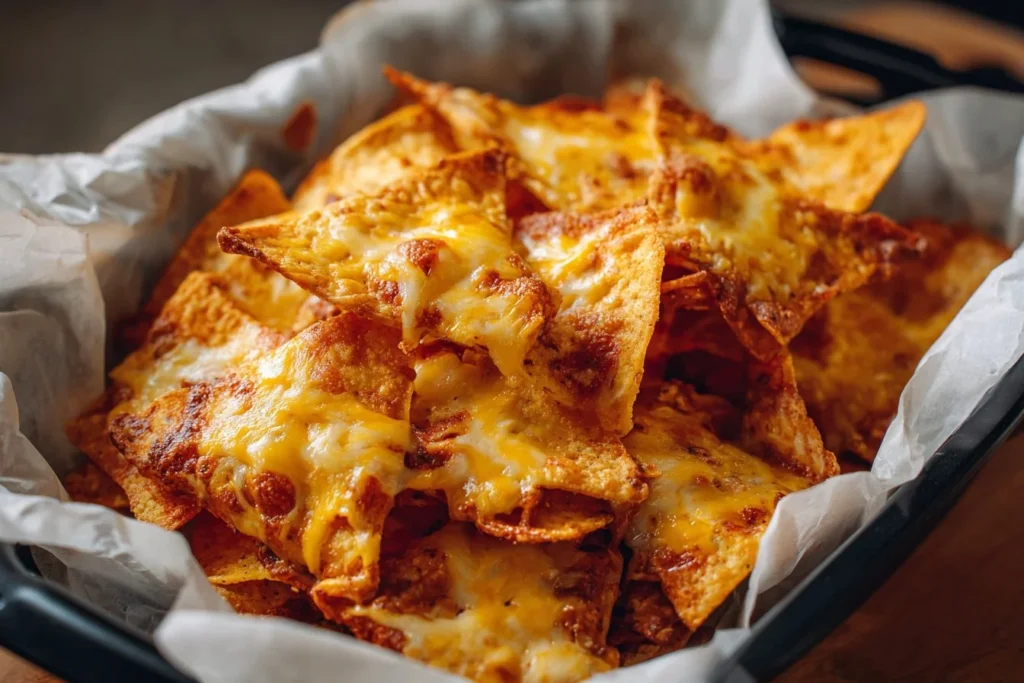 Delicious Air Fryer Nachos topped with cheese and jalapeños.