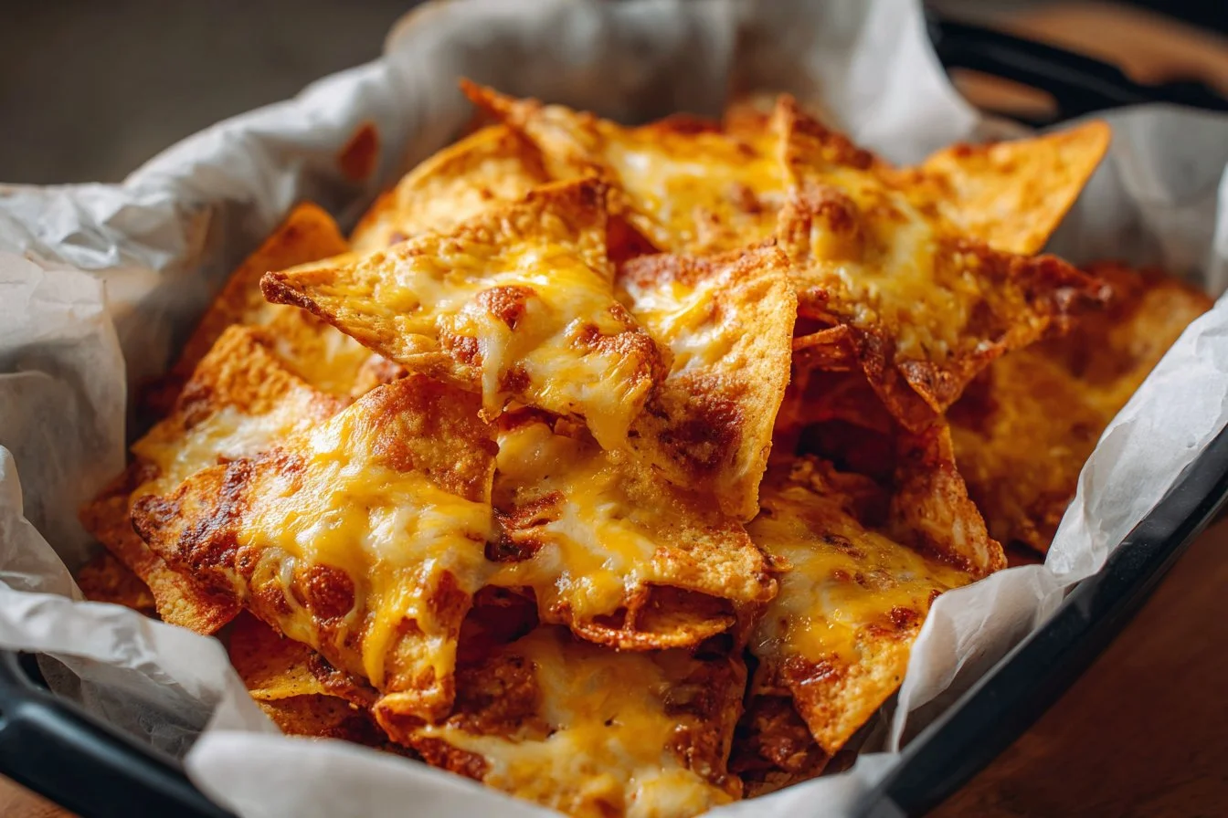 Delicious Air Fryer Nachos topped with cheese and jalapeños.