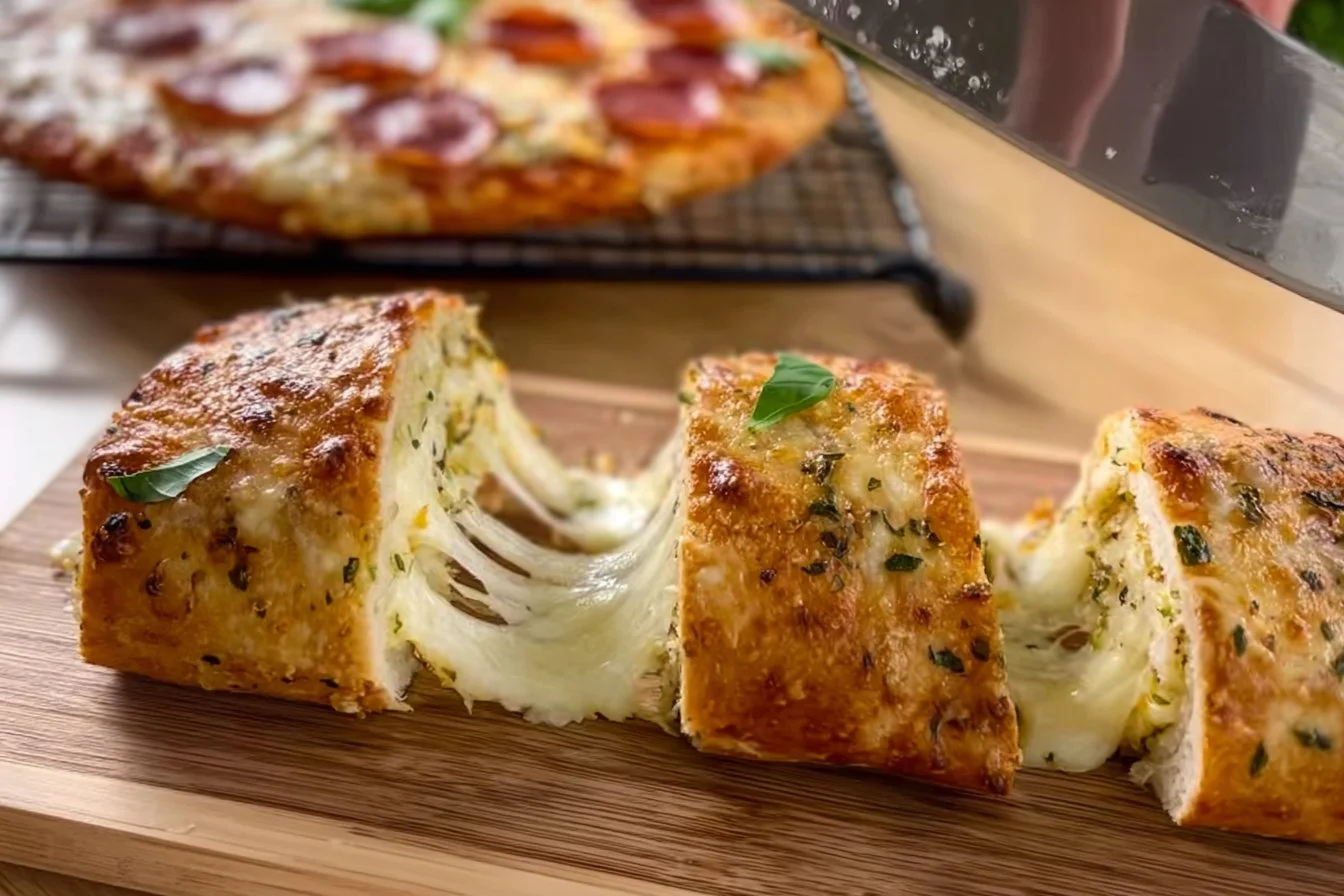 Air fryer pizza baguettes topped with cheese and pepperoni