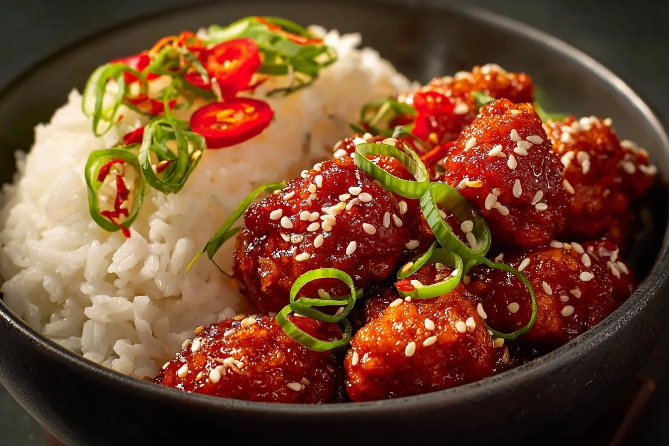 Crispy Air Fryer Sesame Chicken served with sesame seeds and green onions