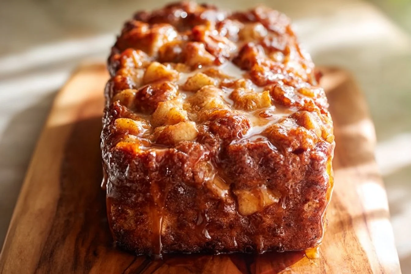 Freshly baked Amish apple fritter bread with chunks of apple and glaze