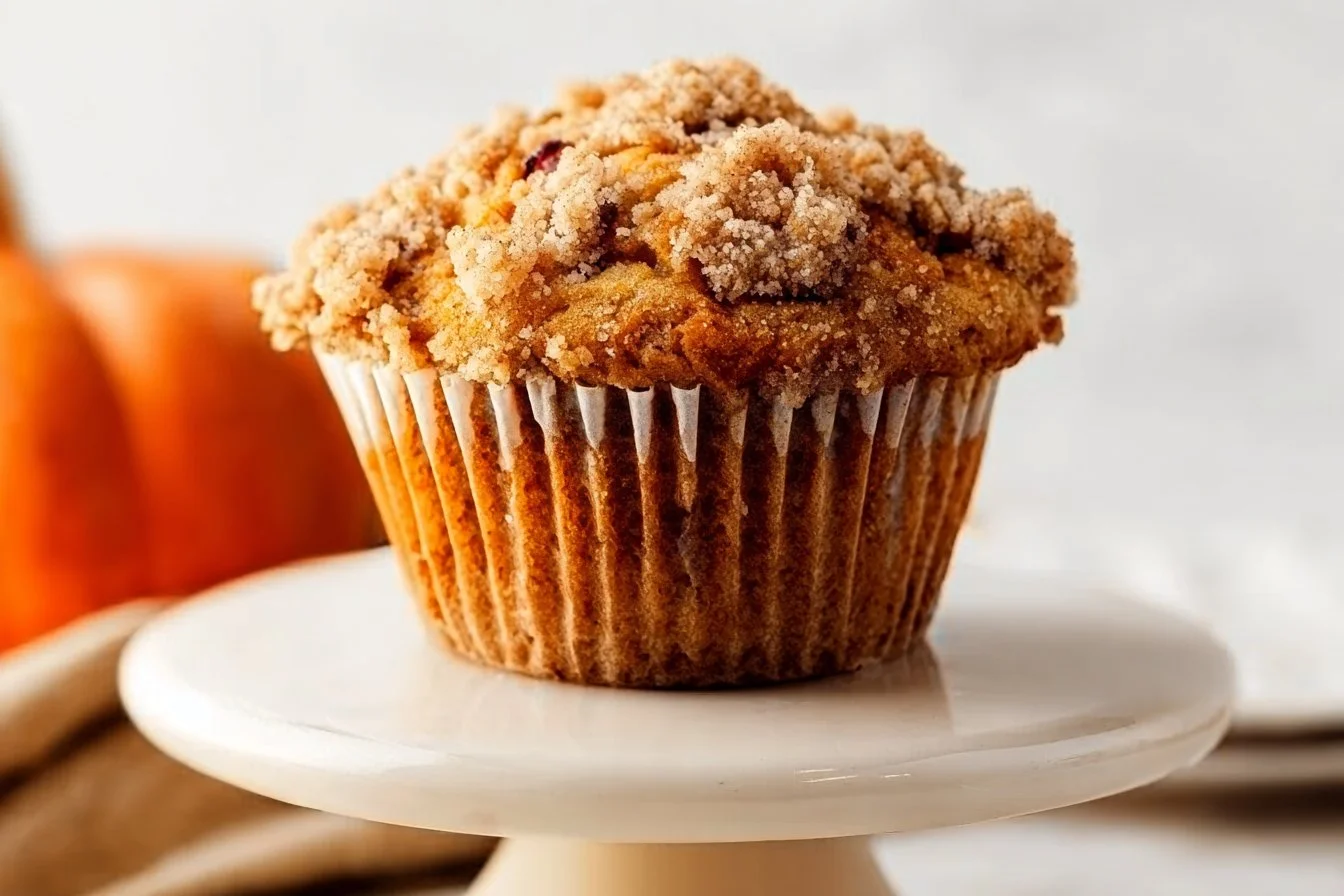 Freshly baked apple pumpkin streusel muffins in a rustic setting