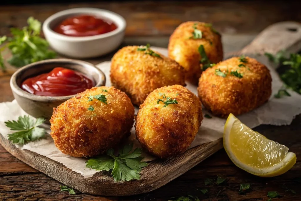 Golden baked arancini served on a plate with marinara sauce