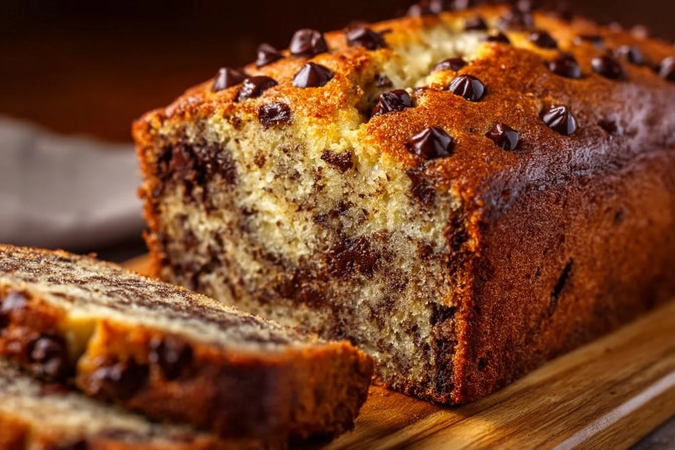 Delicious banana bread with chocolate chips on a wooden table