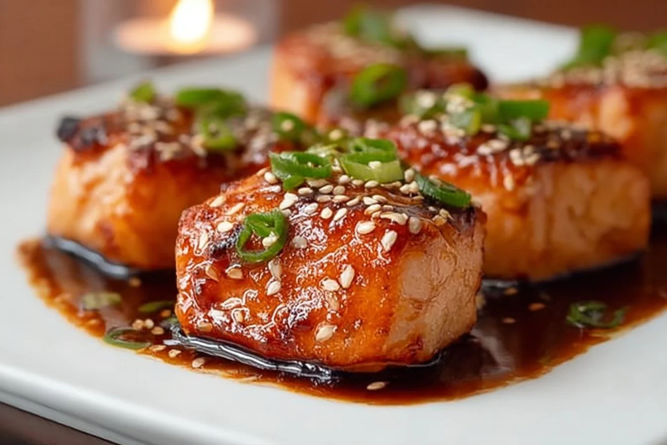 Bang Bang Salmon Bites served on a plate with garnishes