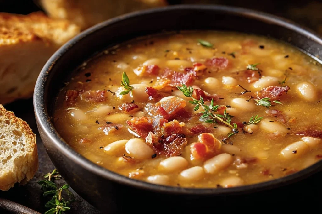 Delicious Bean with Bacon Soup in a rustic bowl, perfect for a cozy meal.