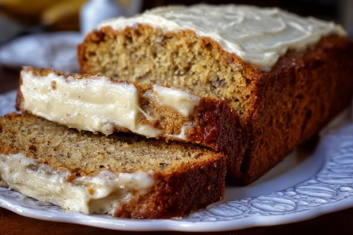 Freshly baked banana bread loaf on a wooden cutting board