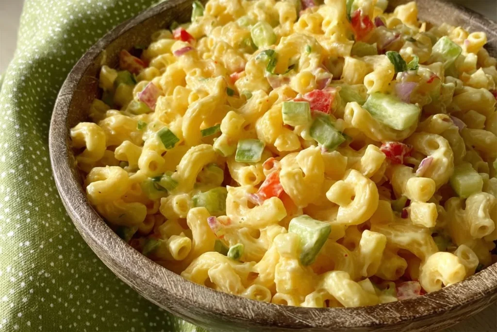 Delicious bowl of best macaroni salad with vegetables and dressing