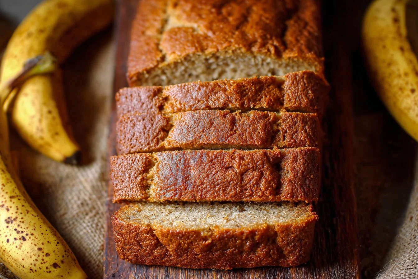 A slice of freshly baked moist banana bread on a wooden table.