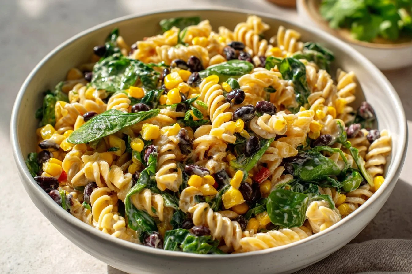 Black Bean and Corn Pasta Salad with Lime Greek Yogurt Dressing served in a bowl.