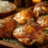 Oven-baked boneless skinless chicken thighs served on a plate with herbs