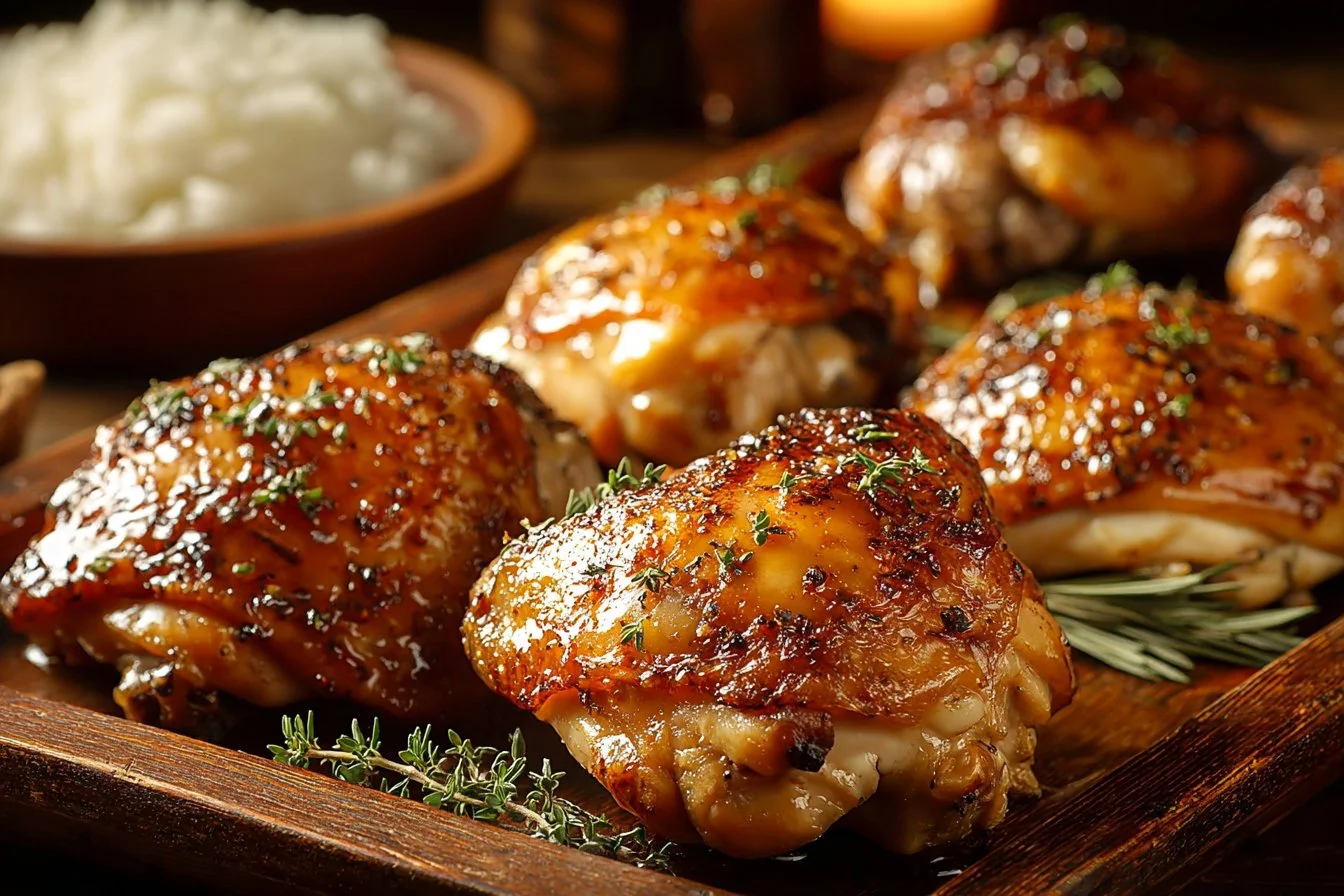 Oven-baked boneless skinless chicken thighs served on a plate with herbs