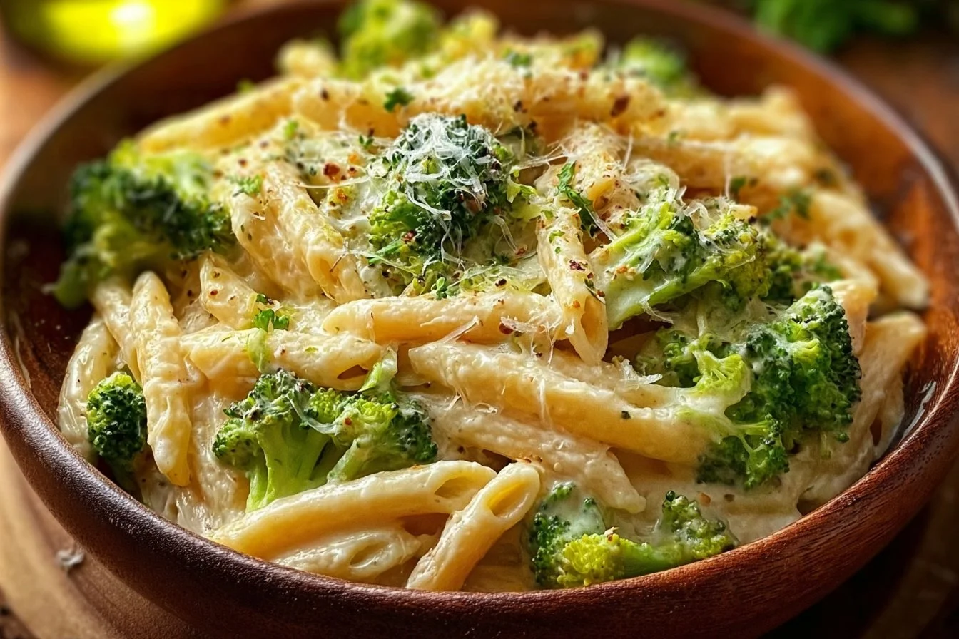 Delicious plate of broccoli cheese pasta with creamy sauce and fresh broccoli.