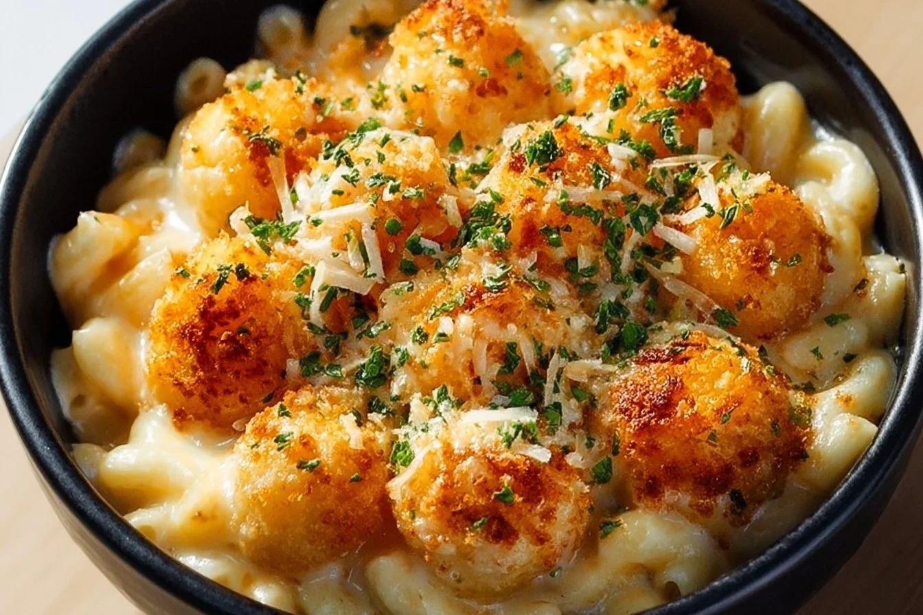 Plate of air-fried macaroni and cheese balls inspired by The Cheesecake Factory
