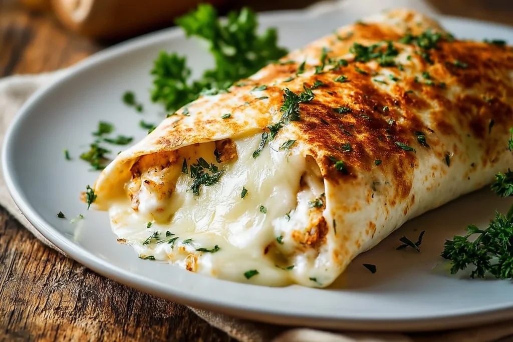 Delicious cheesy garlic chicken wraps served on a plate