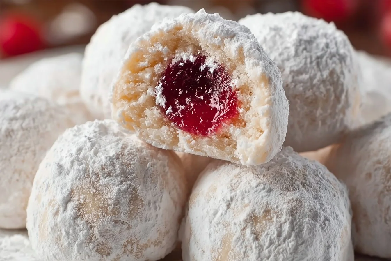 Cherry Snowball Cookies dusted with powdered sugar on a plate