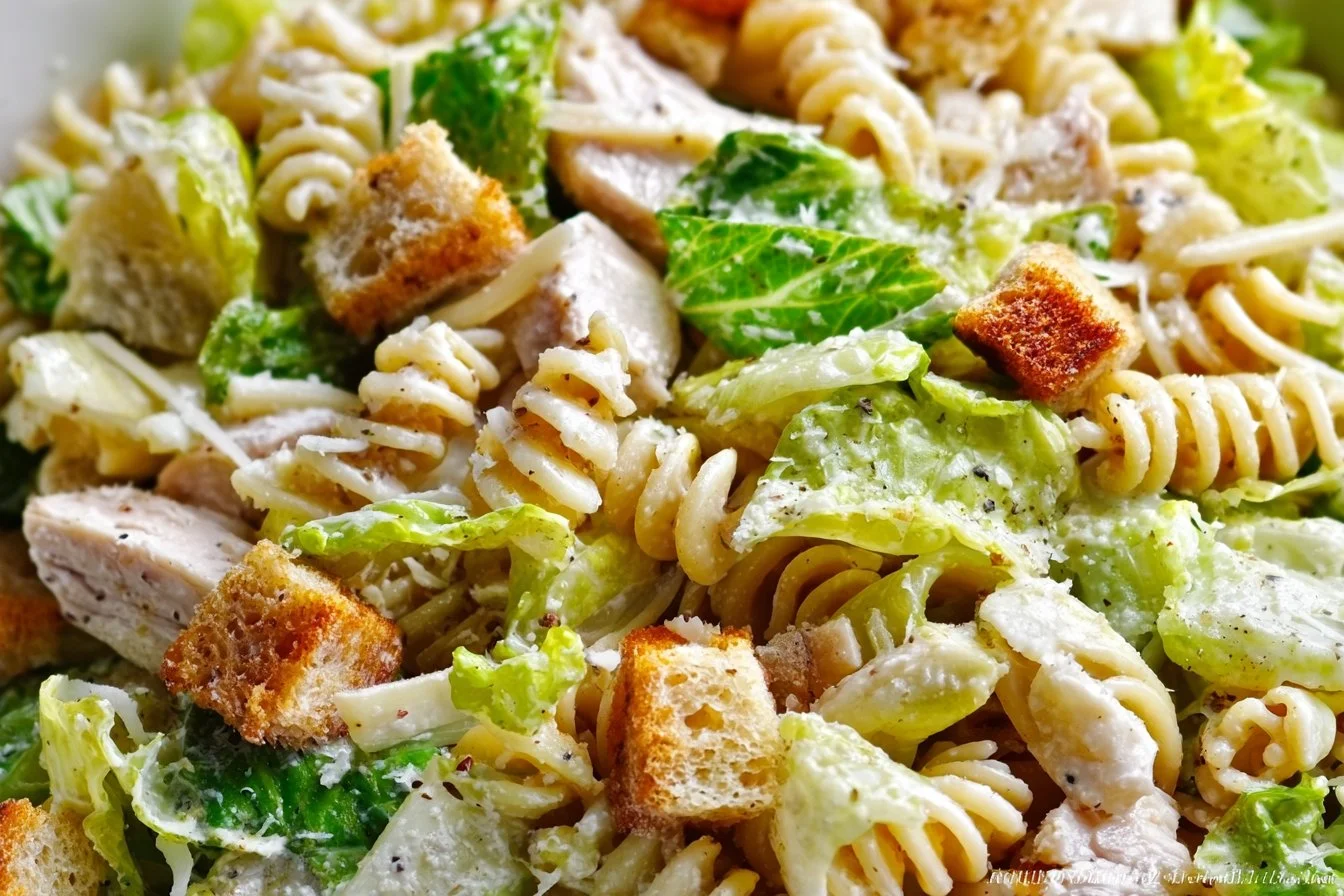 Delicious Chicken Caesar Pasta Salad with grilled chicken, romaine, and Caesar dressing