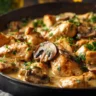 Delicious Chicken Stroganoff served in a bowl with mushrooms and pasta