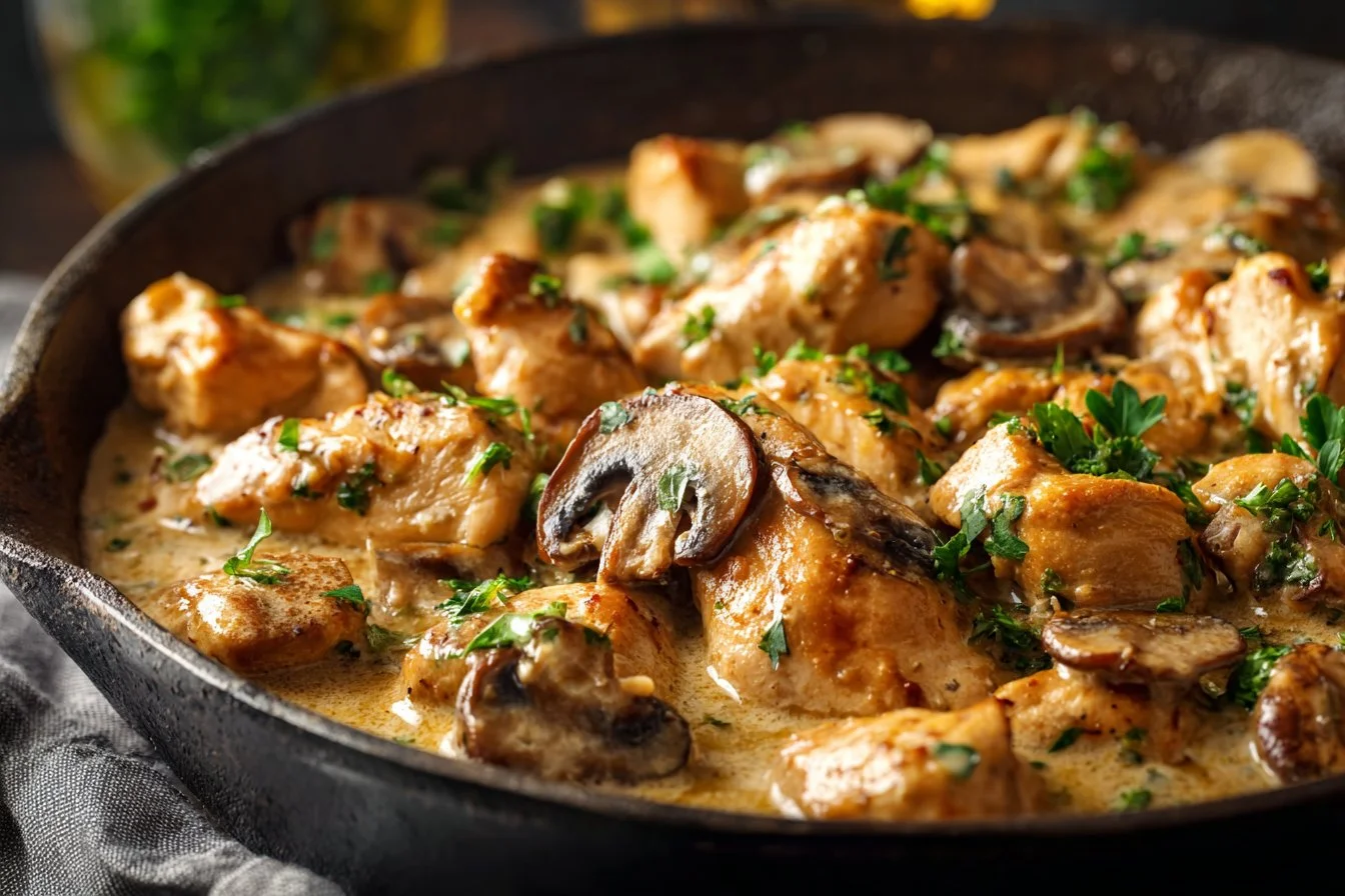 Delicious Chicken Stroganoff served in a bowl with mushrooms and pasta