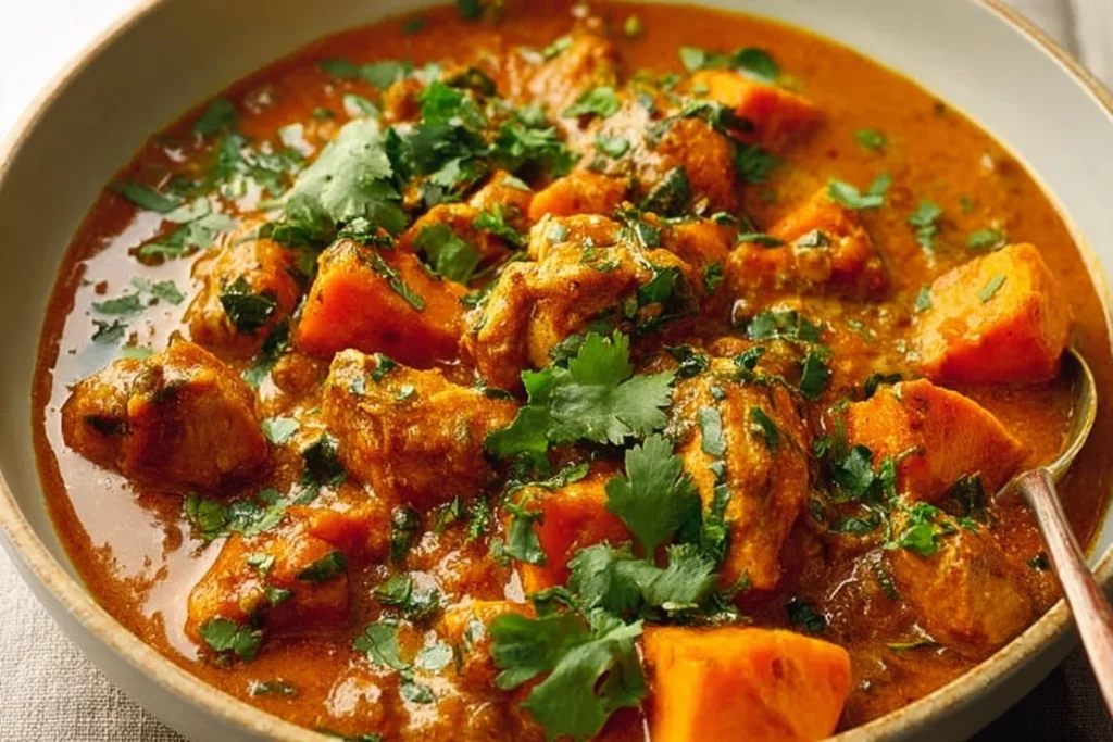 Delicious Chicken Sweet Potato Curry garnished with fresh herbs