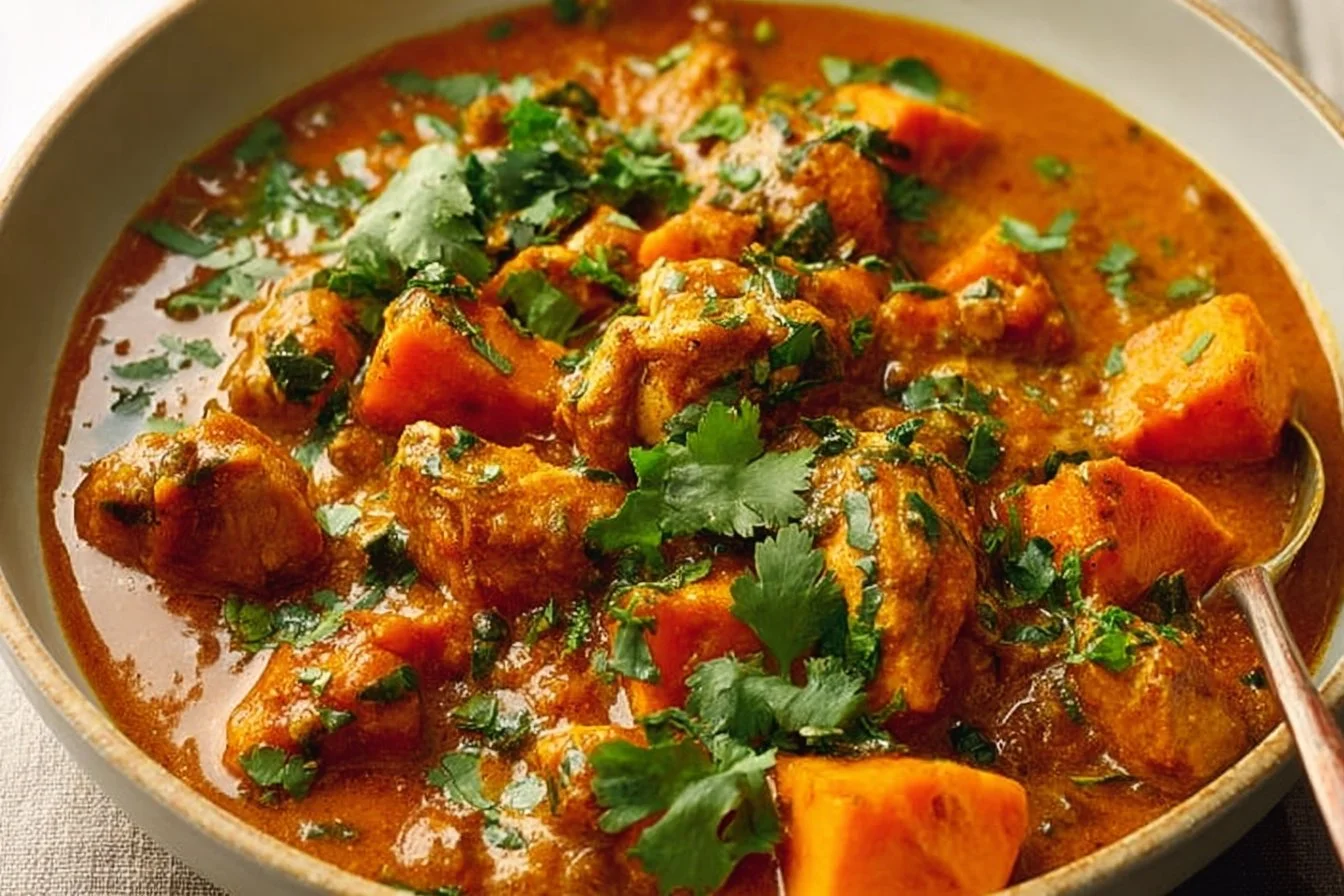 Delicious Chicken Sweet Potato Curry garnished with fresh herbs