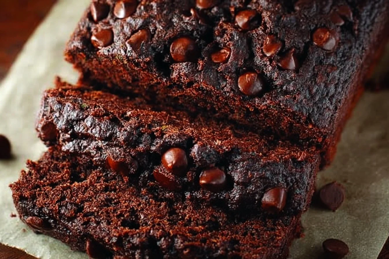 Loaf of chocolate zucchini bread with chocolate chips and zucchini slices