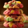 A variety of decorated Christmas cookies on a festive platter.