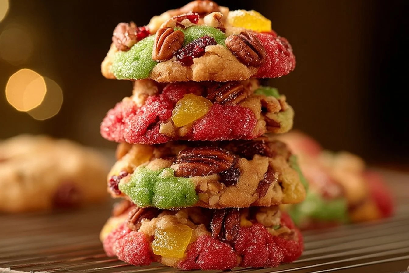 A variety of decorated Christmas cookies on a festive platter.