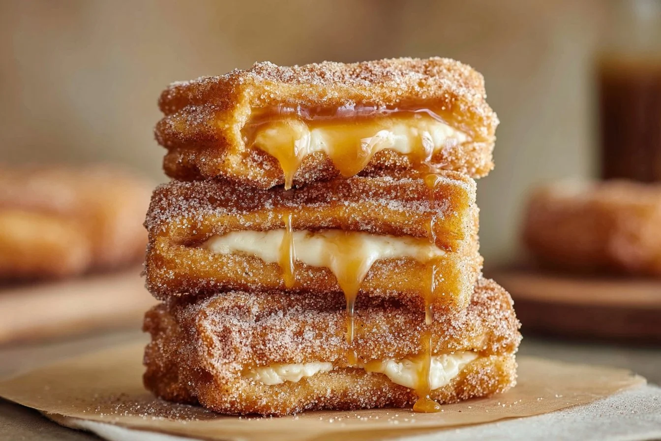 Delicious Churro Cheesecake topped with cinnamon sugar and caramel