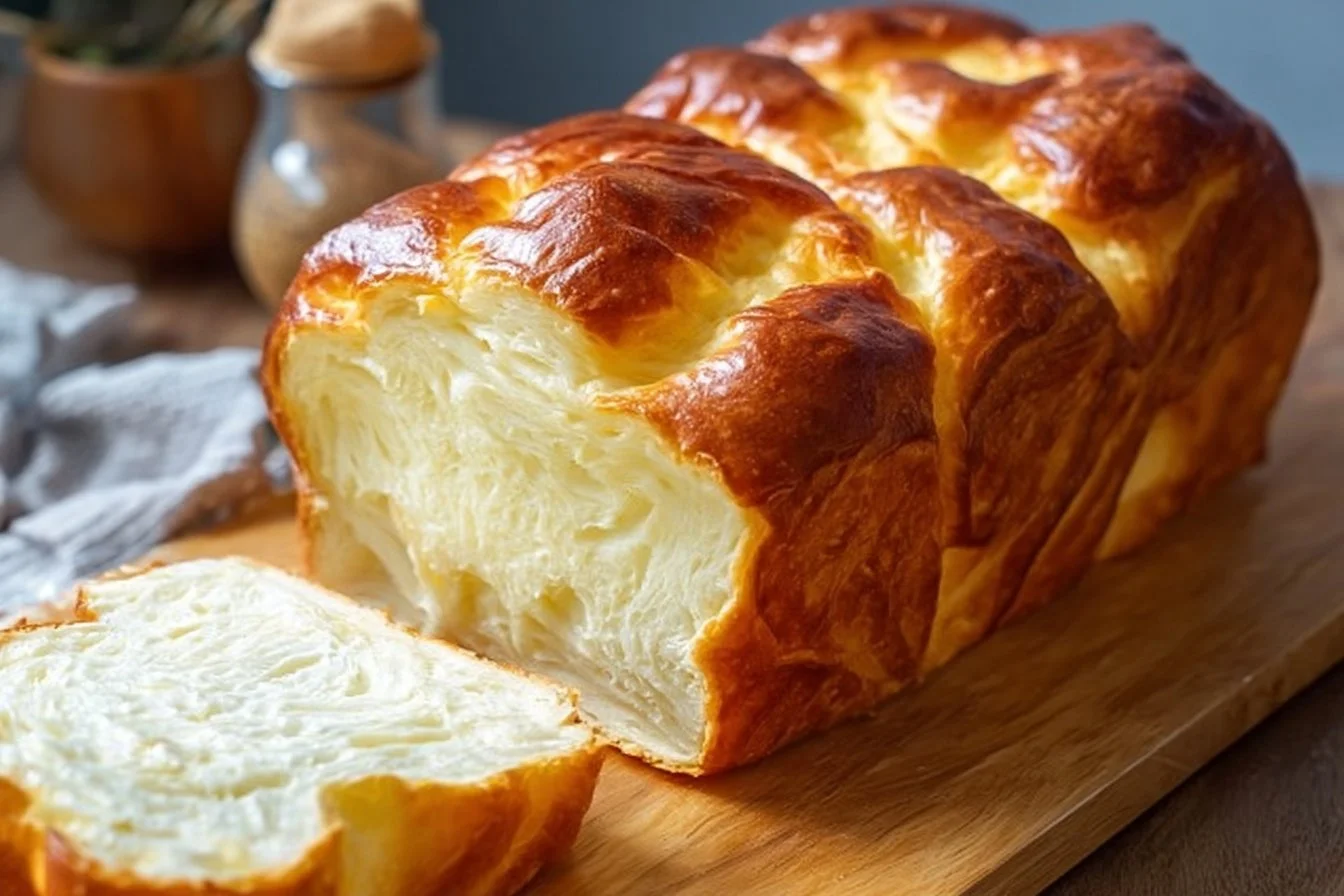 Fluffy Cottage Cheese Cloud Bread on a wooden board with herbs.