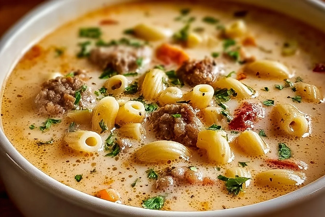 Creamy Parmesan sausage soup with ditalini in a bowl, garnished with herbs.