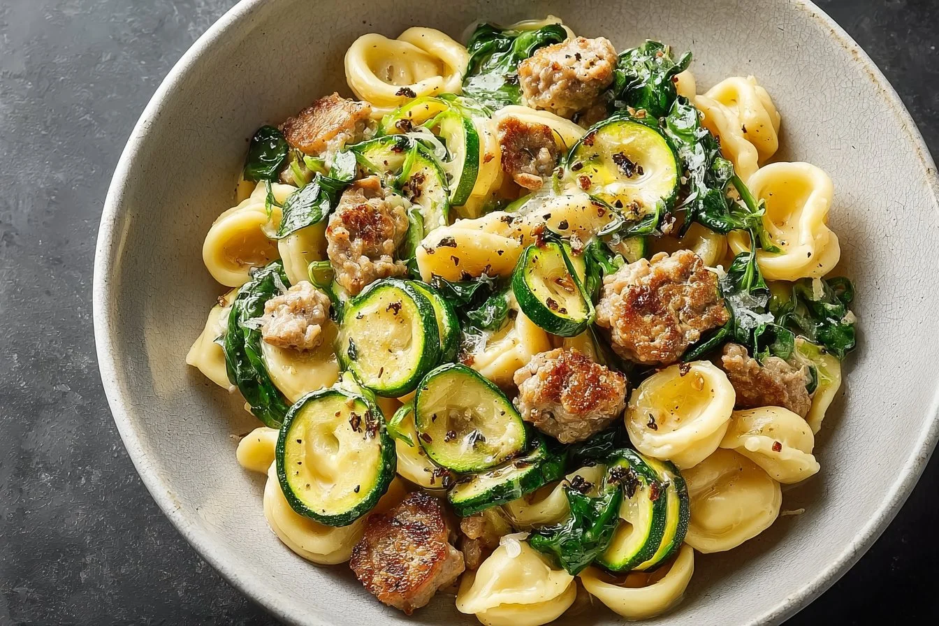 Creamy protein-packed pasta bowl topped with fresh ingredients.