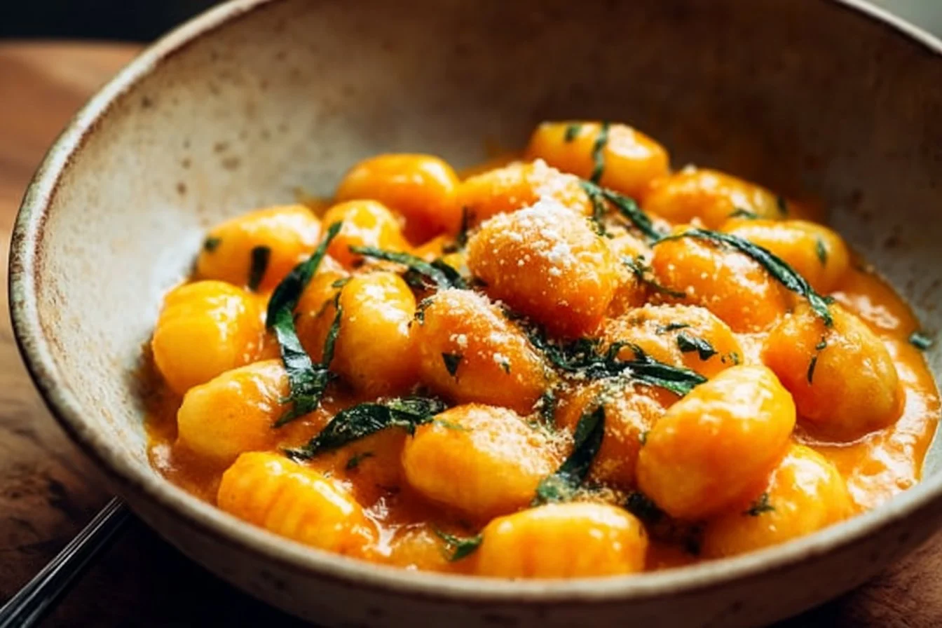 Creamy pumpkin gnocchi dish topped with herbs and parmesan cheese