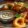 Plate of crispy fried mushrooms with a side of cool ranch dip