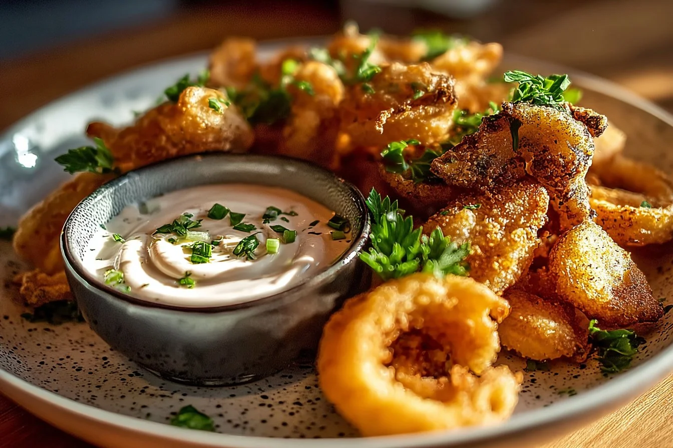 Plate of crispy fried mushrooms with a side of cool ranch dip