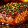 Crispy honey garlic glazed salmon fillet on a plate with garnishes