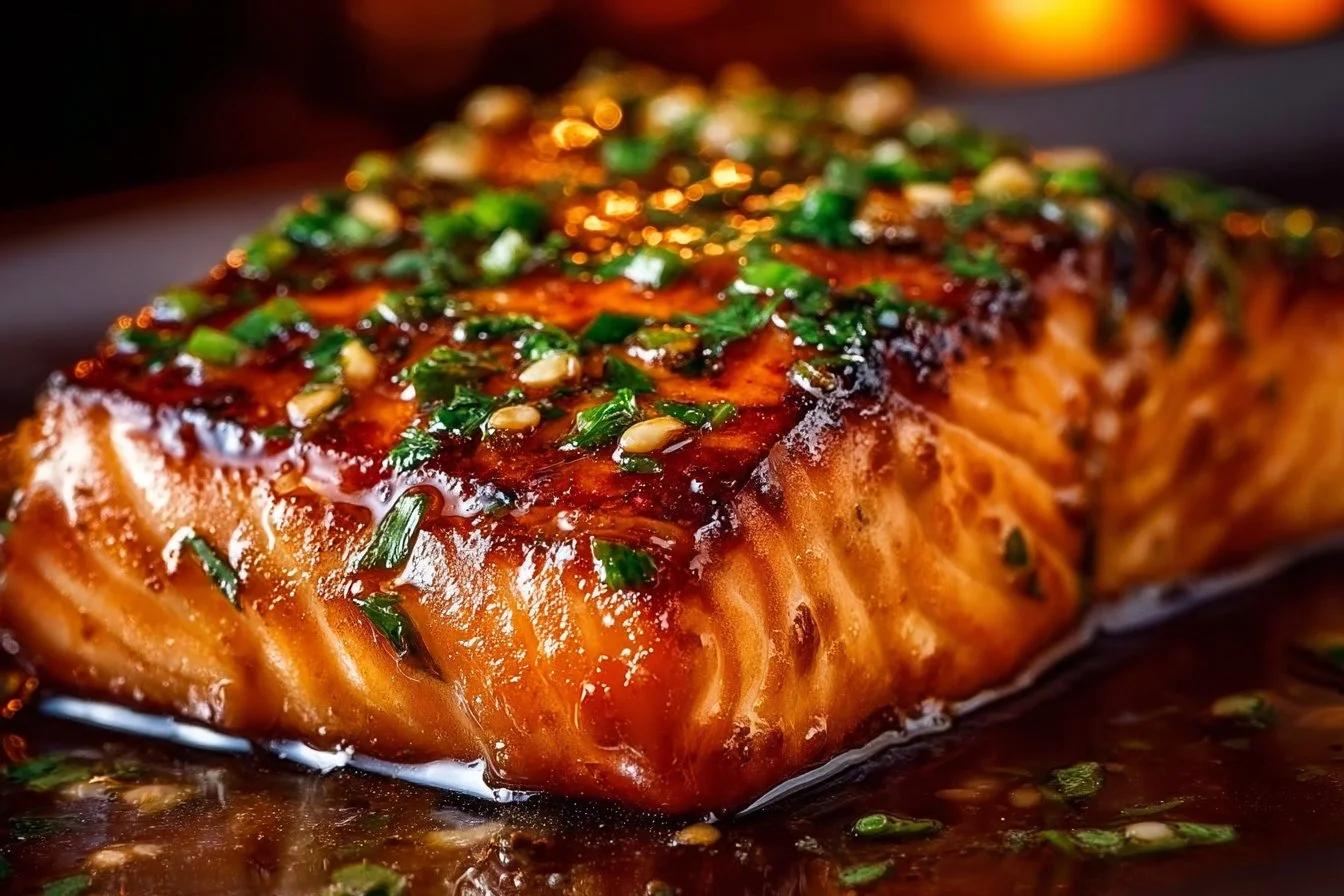 Crispy honey garlic glazed salmon fillet on a plate with garnishes