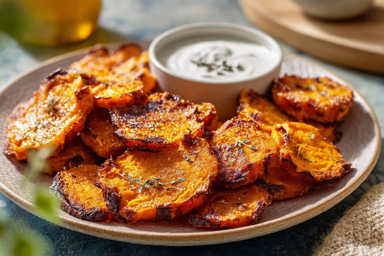 Delicious crispy smashed sweet potatoes garnished with herbs